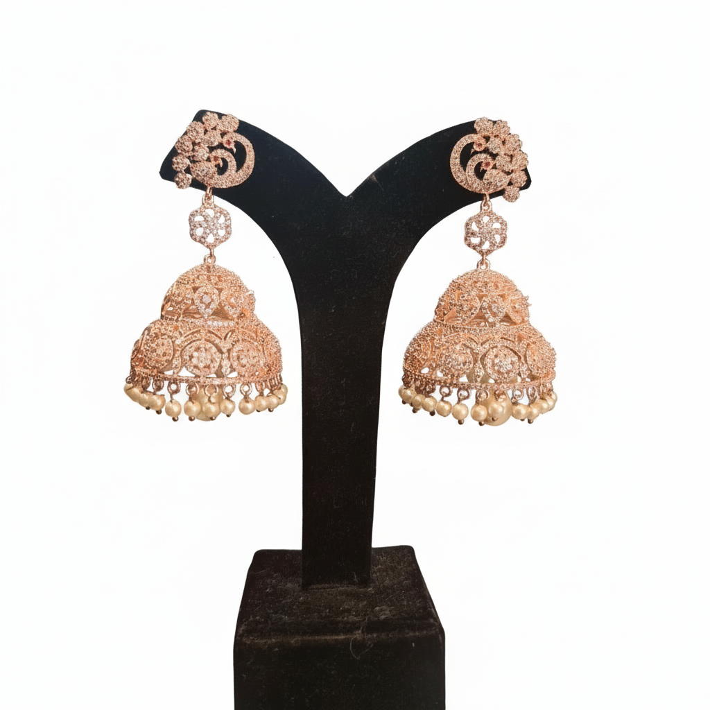 One Gram Gold American Diamond CZ Jhumka Set - White Background