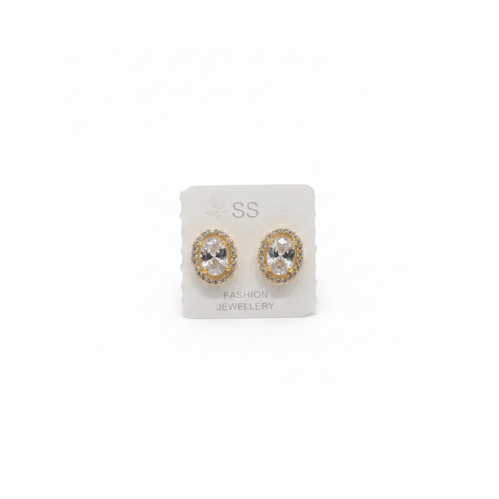 Oval crystal halo stud earrings on white background