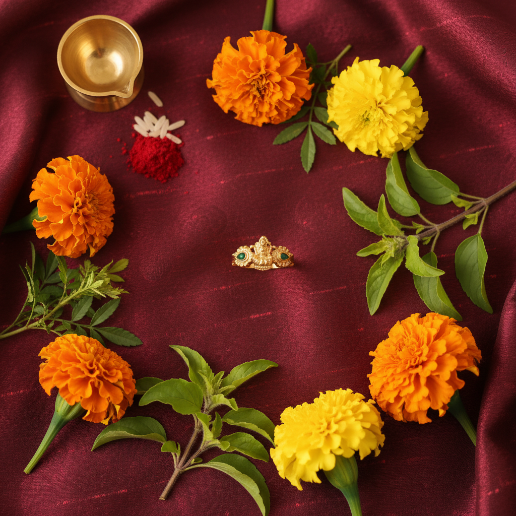 Panchaloha Emerald Goddess Lakshmi Ring - Flat Lay Cultural Context