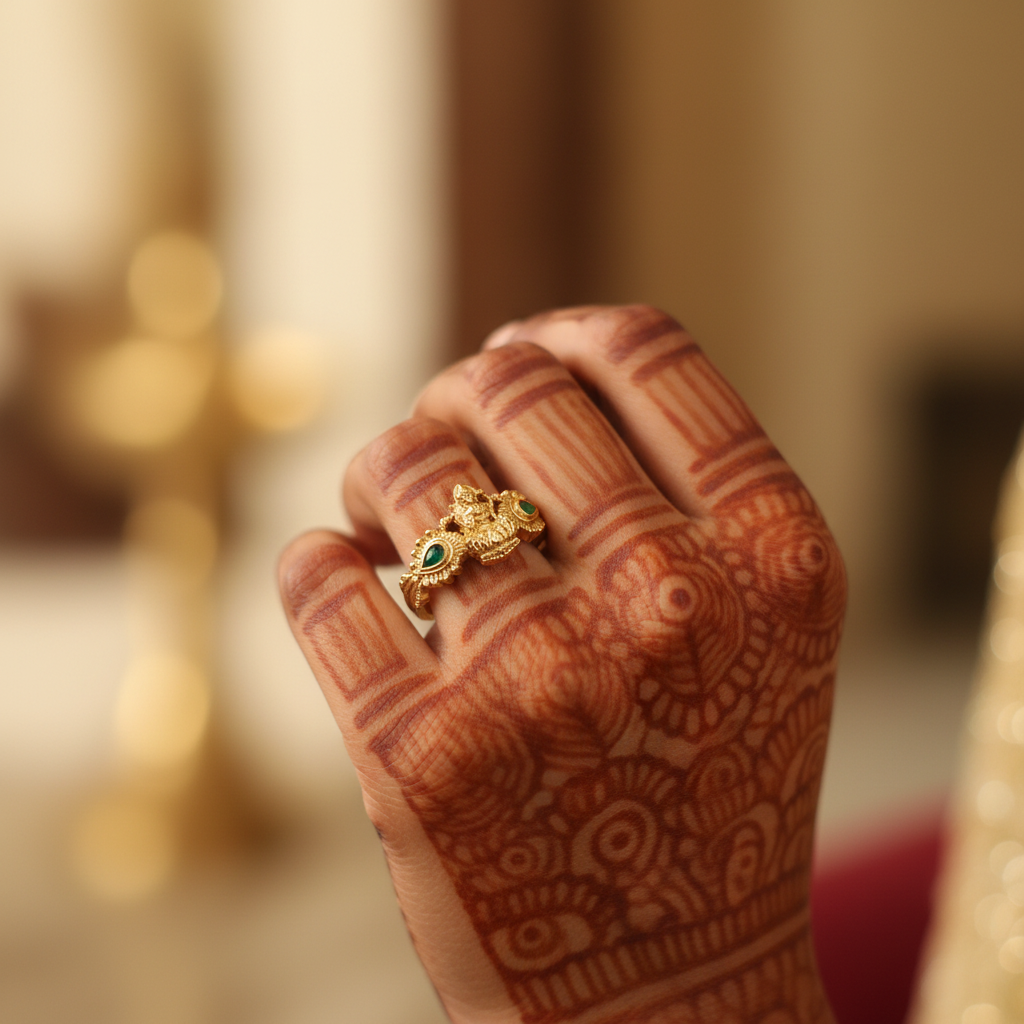 Panchaloha Emerald Goddess Lakshmi Ring