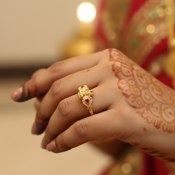 Panchaloha Ruby Goddess Lakshmi Floral Ring - Women's Hand