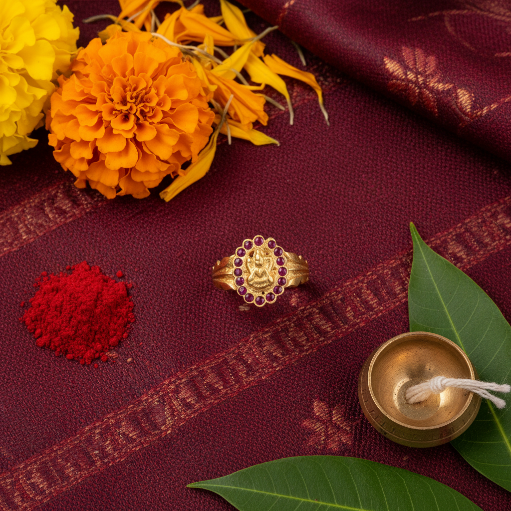 Panchaloha Ruby Goddess Lakshmi Halo Ring - Flat Lay