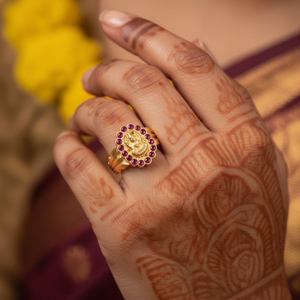 Panchaloha Ruby Goddess Lakshmi Halo Ring - Women's Hand