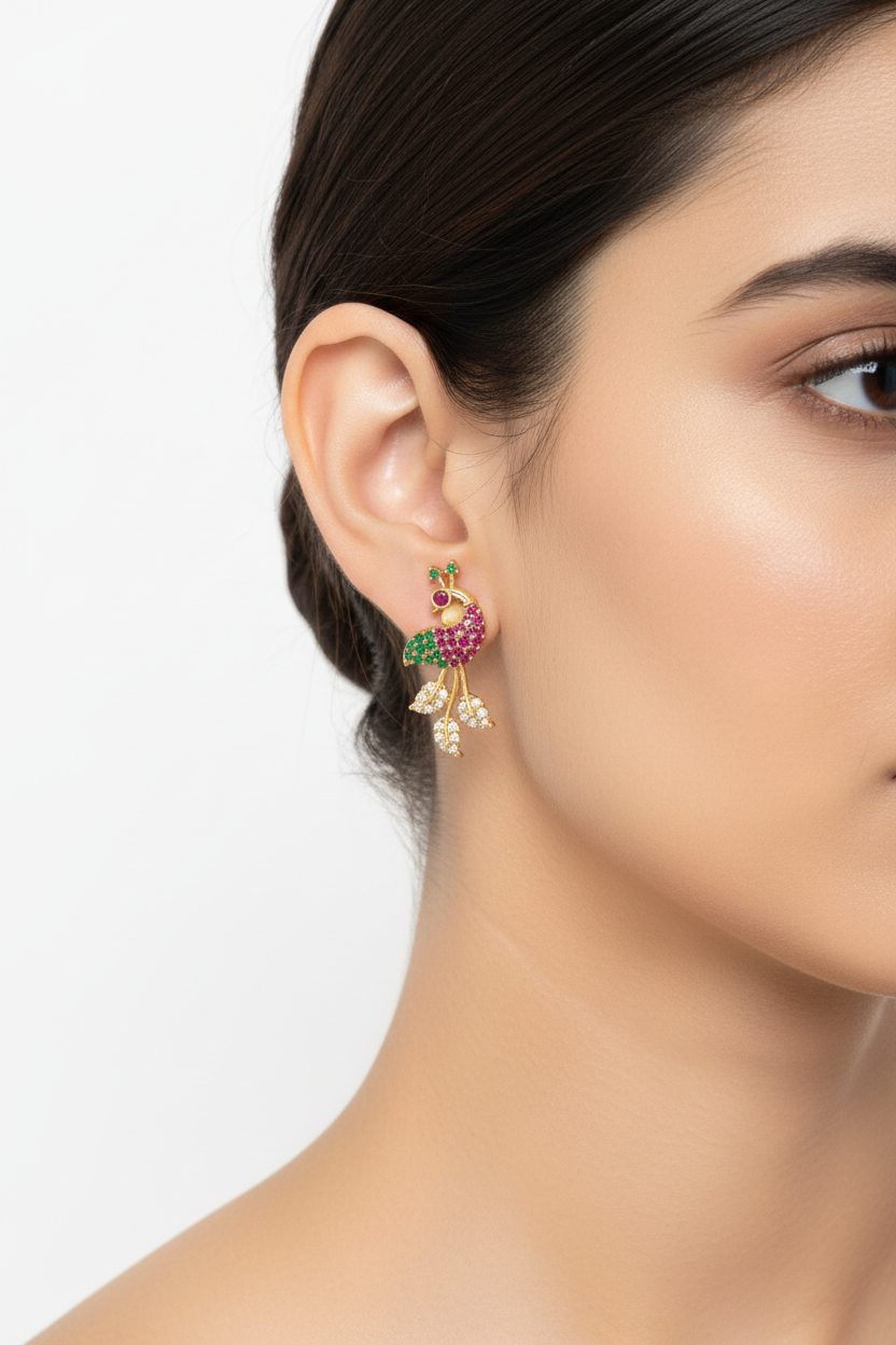 Peacock Earrings – Model Wear White Background