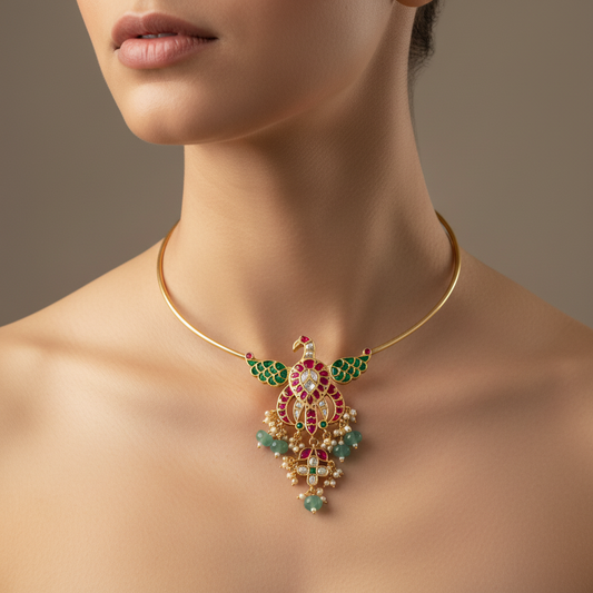Peacock Kundan Necklace On Model