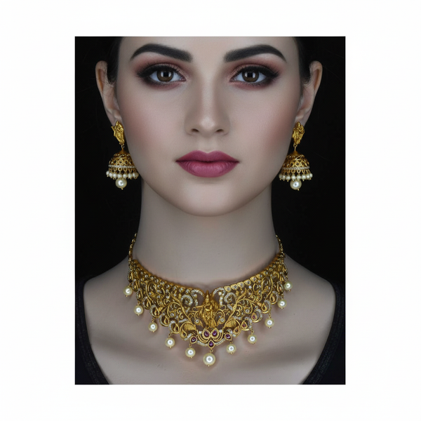 Peacock Nakshi Radha Krishna choker set