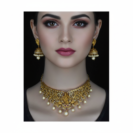Peacock Nakshi Radha Krishna choker set