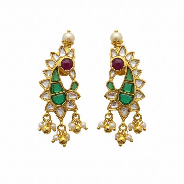 Peacock Polki Emerald Earrings - White Background