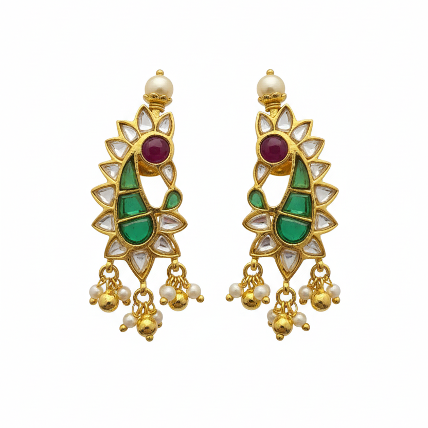 Peacock Polki Emerald Earrings - White Background