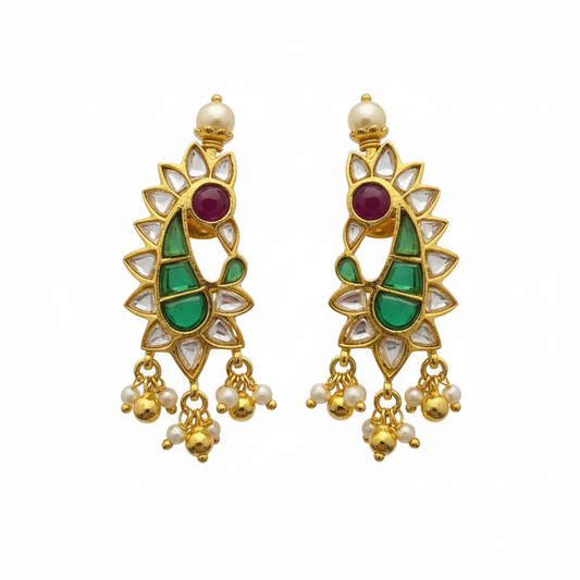 Peacock Polki Emerald Earrings - White Background