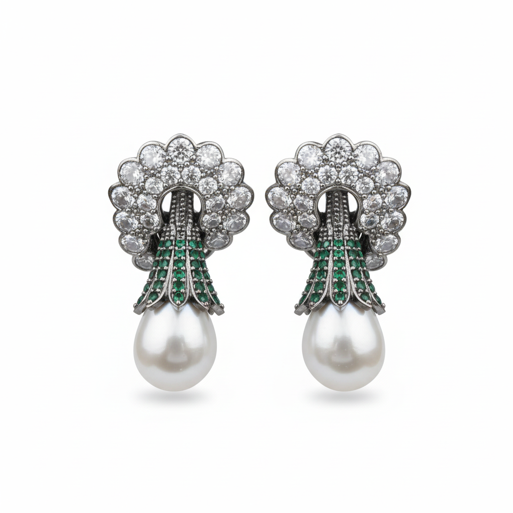 Pearl Drop Earrings White Background - Green
