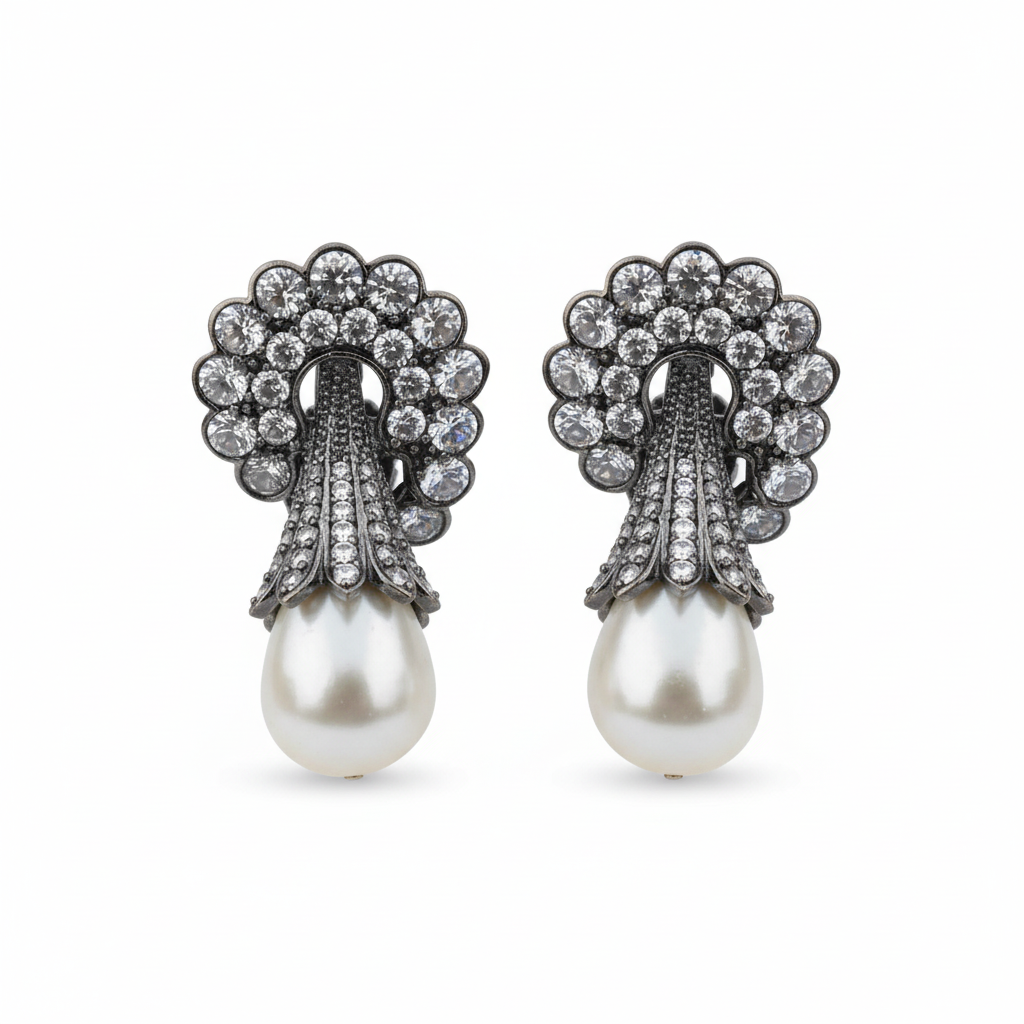Pearl Drop Earrings White Background - Silver