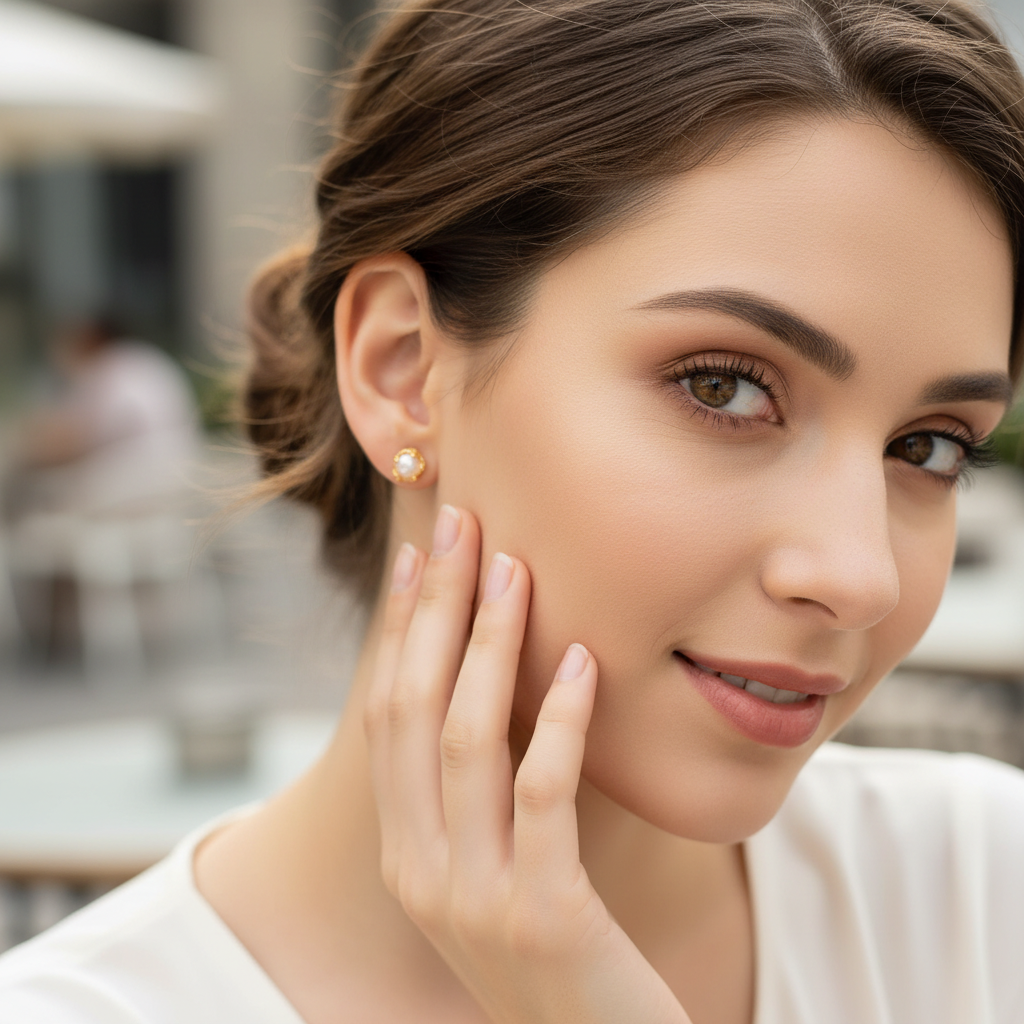 Pearl Stud Earrings on Model