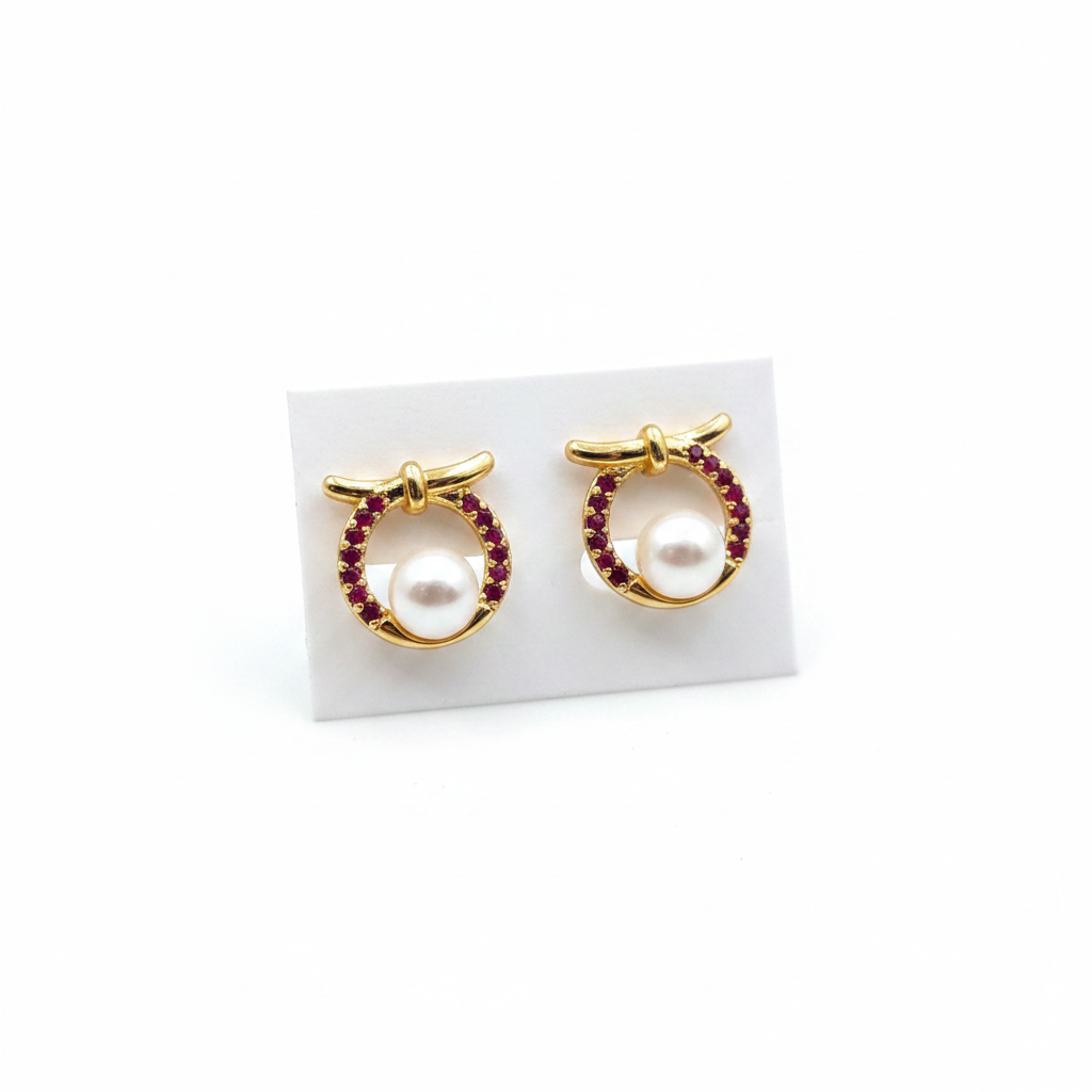 Pearl Studs - Red CZ