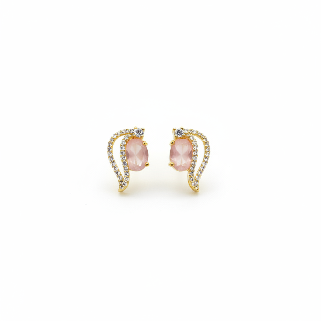 Pink and Green CZ Stud Earrings White Background