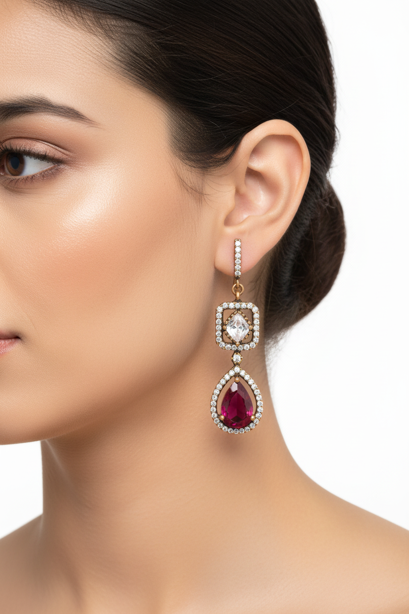 Pink CZ Halo Drop Earrings – Model Wear