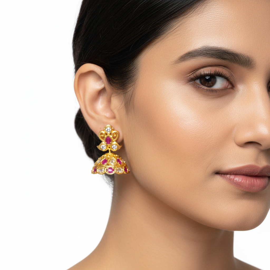 Pink Jhumka Model Wear
