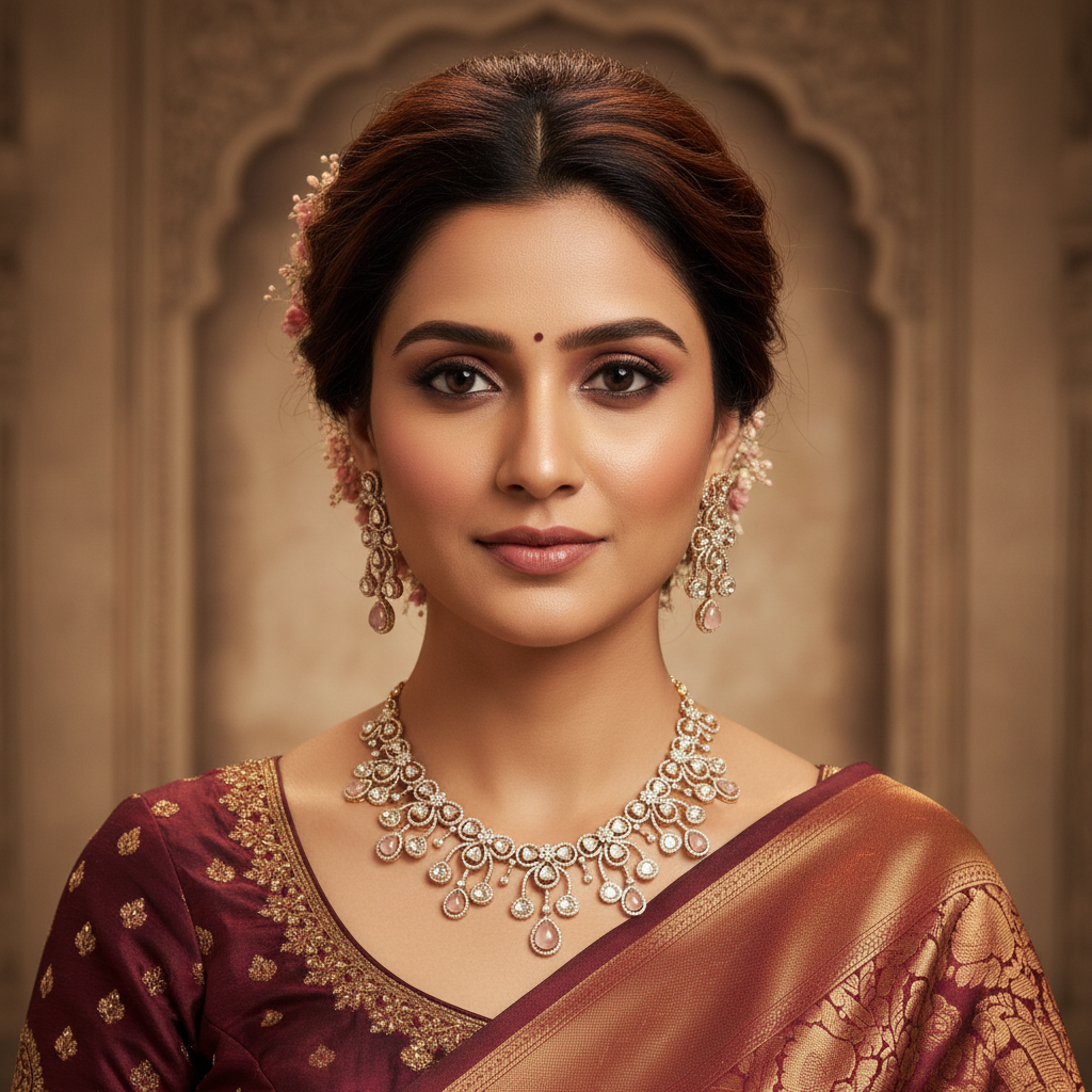 Pink Kundan Set Front-Facing Model