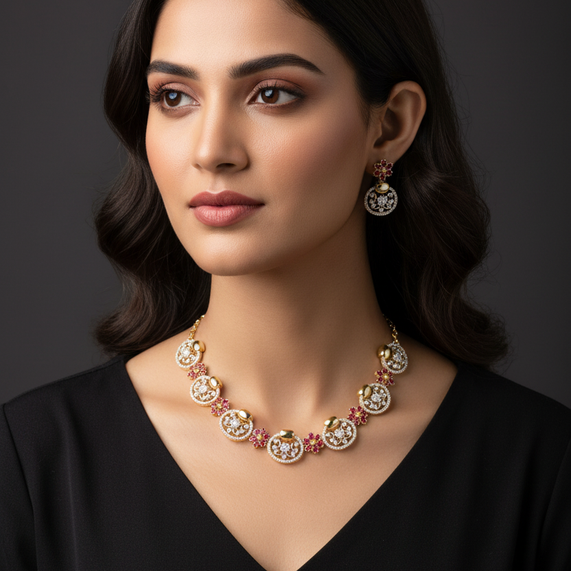 pink necklace set with earrings