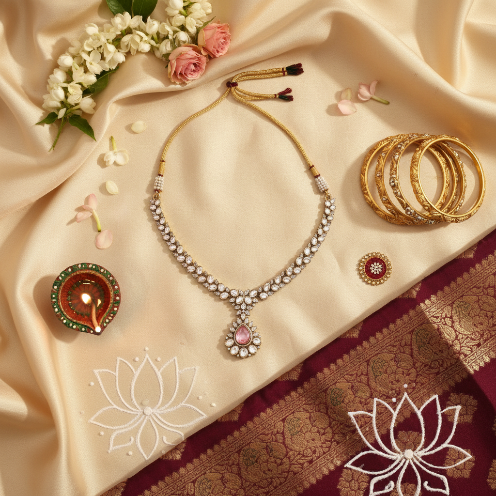 Pink Victorian Polki Necklace Flat Lay with Cultural Elements