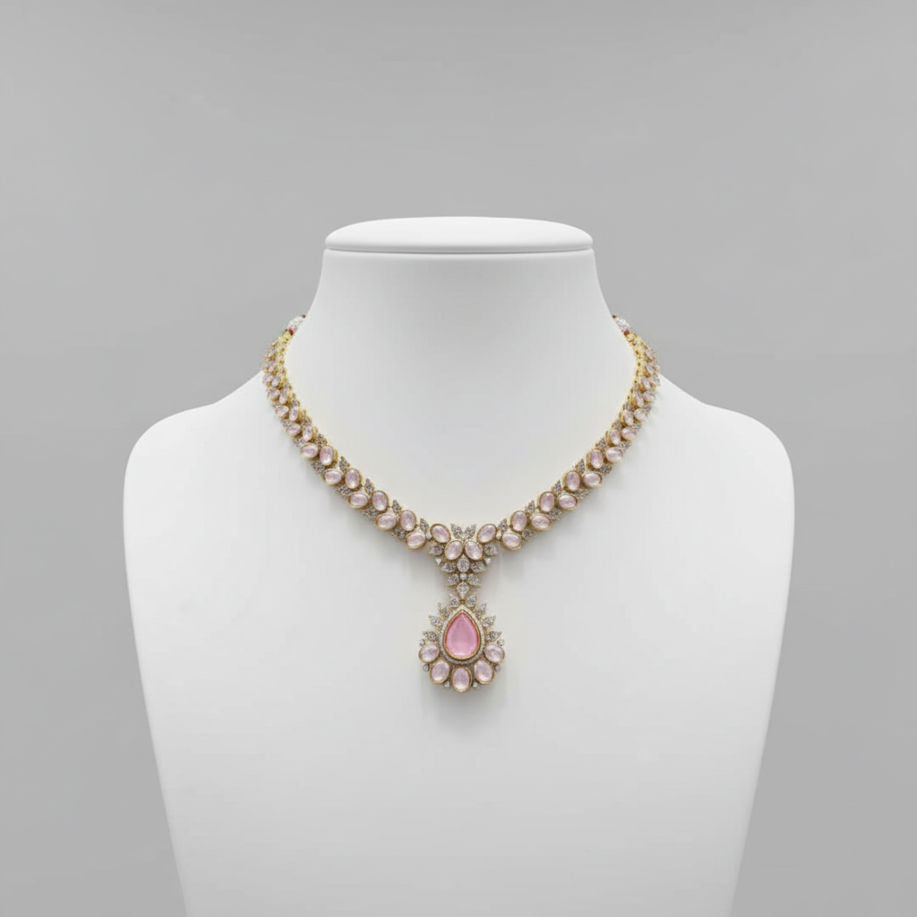 Pink Victorian Polki Necklace on Mannequin