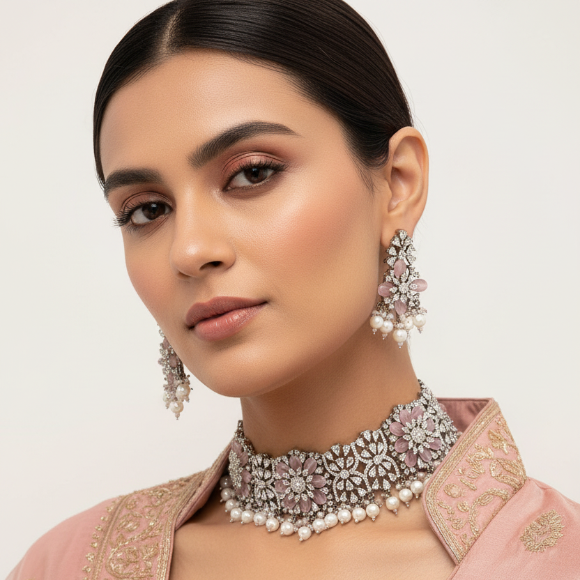 Pink Victorian American Diamond Choker Set with Beads 