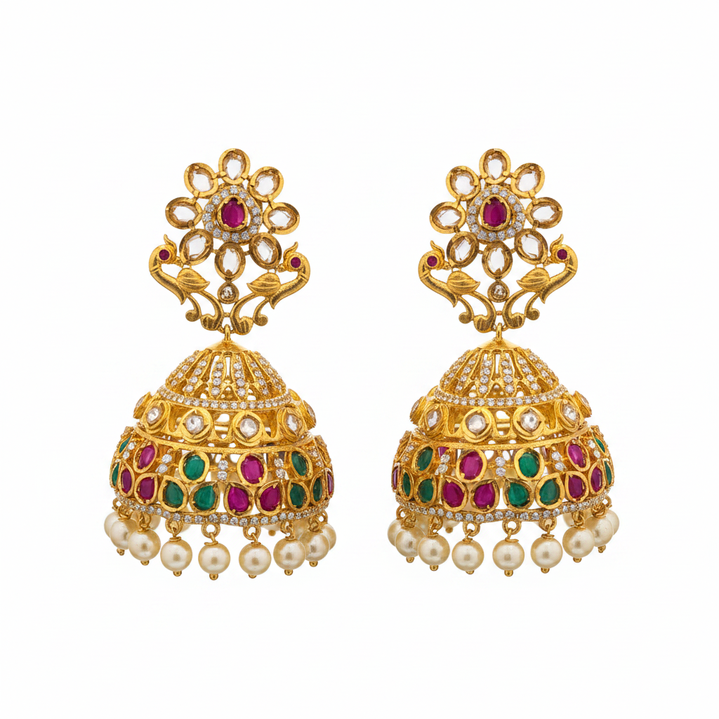 Polki Jhumka - Multi Colour - White Background