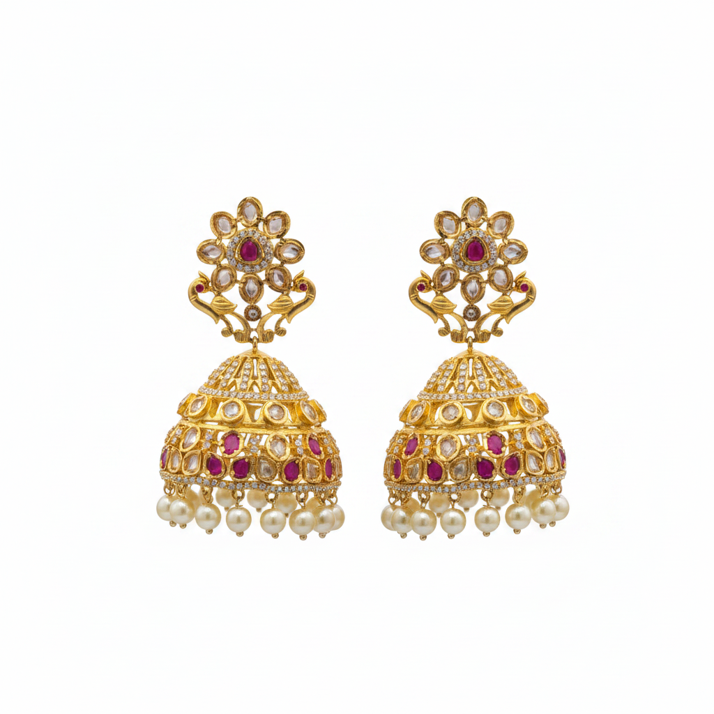 Polki Jhumka - Ruby - White Background