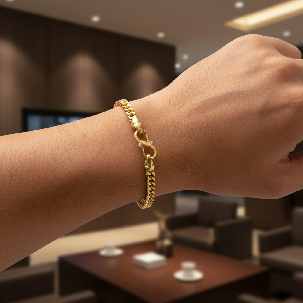 Premium lifestyle image of 24K gold plated curb chain bracelet