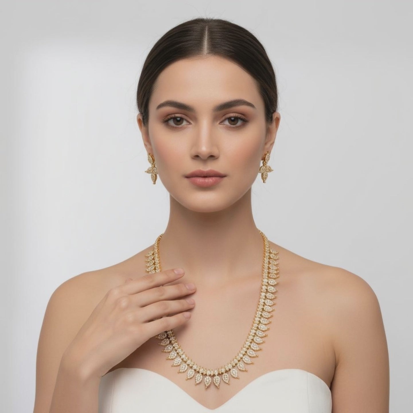 24K Gold Plated Zircon Long Necklace Set - South Indian Traditional Design