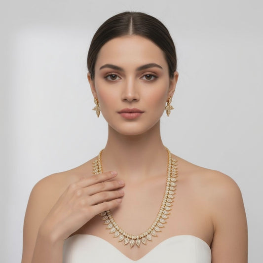 24K Gold Plated Zircon Long Necklace Set - South Indian Traditional Design