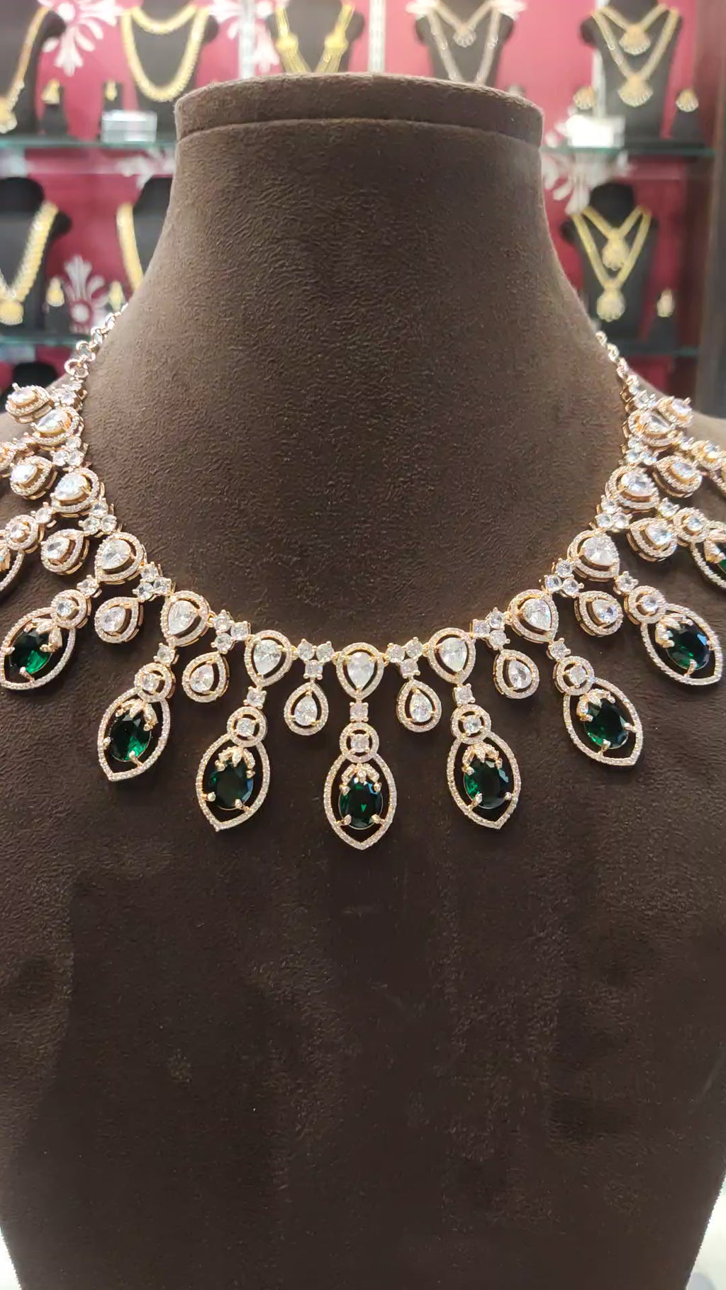 Trendy Green Rose Gold American Diamond Necklace Set - Emerald Bridal Jewelry