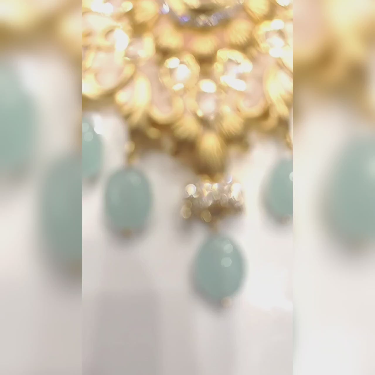 Uncut Diamond Long Necklace - 24K Gold with Pastel Green Beads Wedding Haram