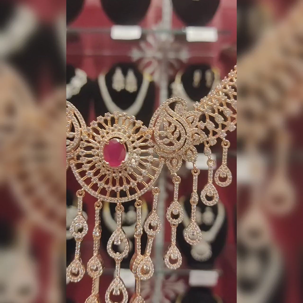 Ultra Modern Ruby American Diamond Necklace Set - Rose Gold Dangler Jewelry