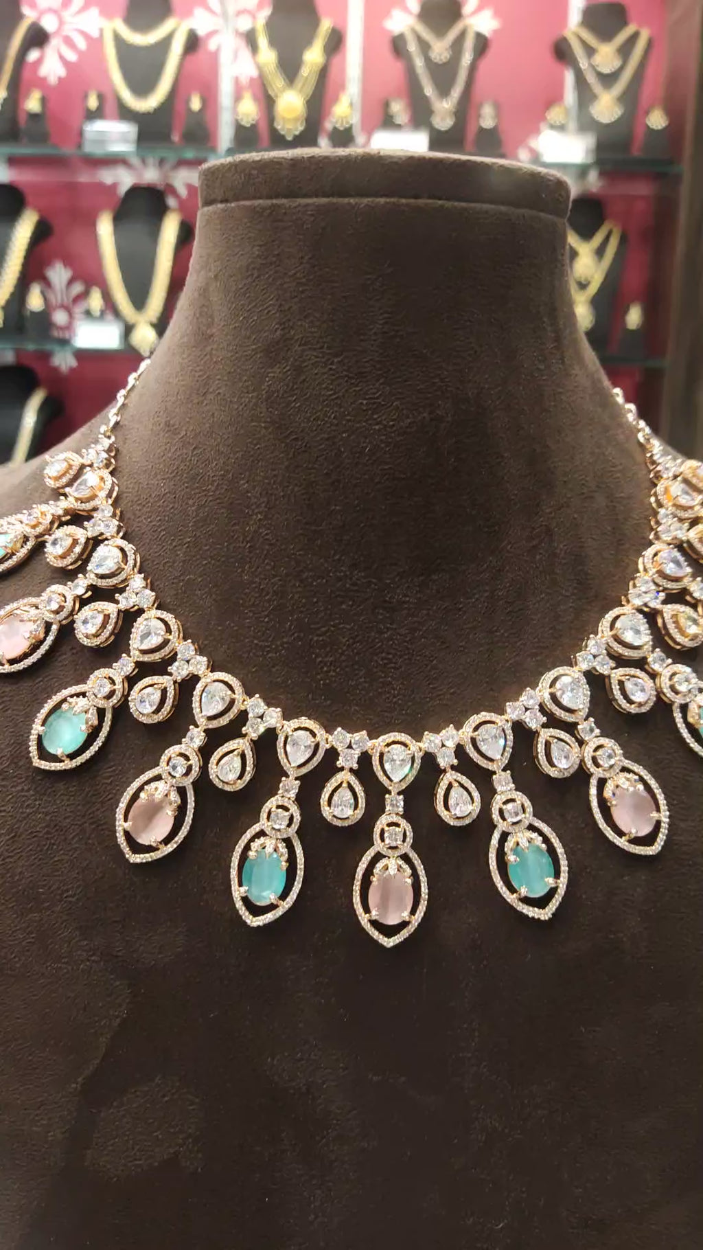 Pink & Pastel Green Rose Gold American Diamond Necklace Set - Colorful Bridal Jewelry