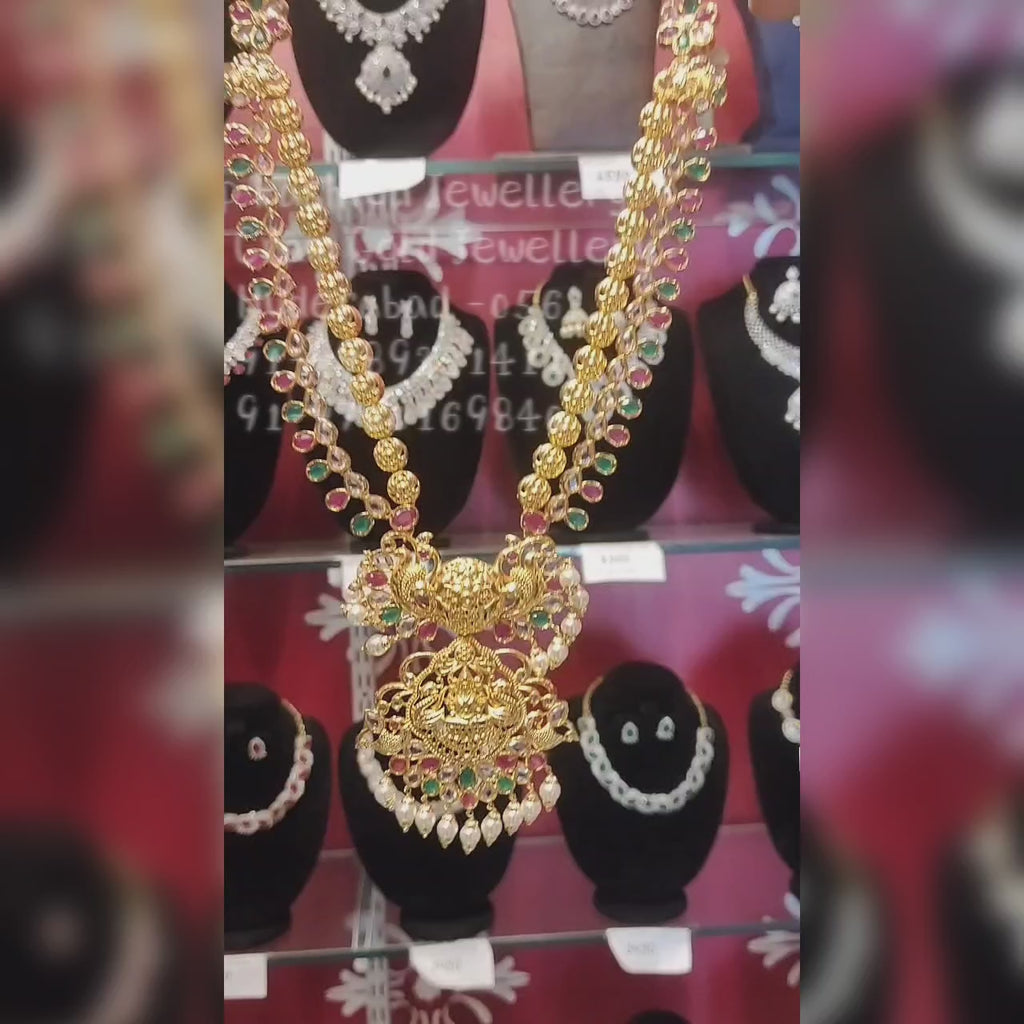 Uncut Diamond Laxmi Haram - Two Layer Temple Necklace Set with Chandbali Earrings
