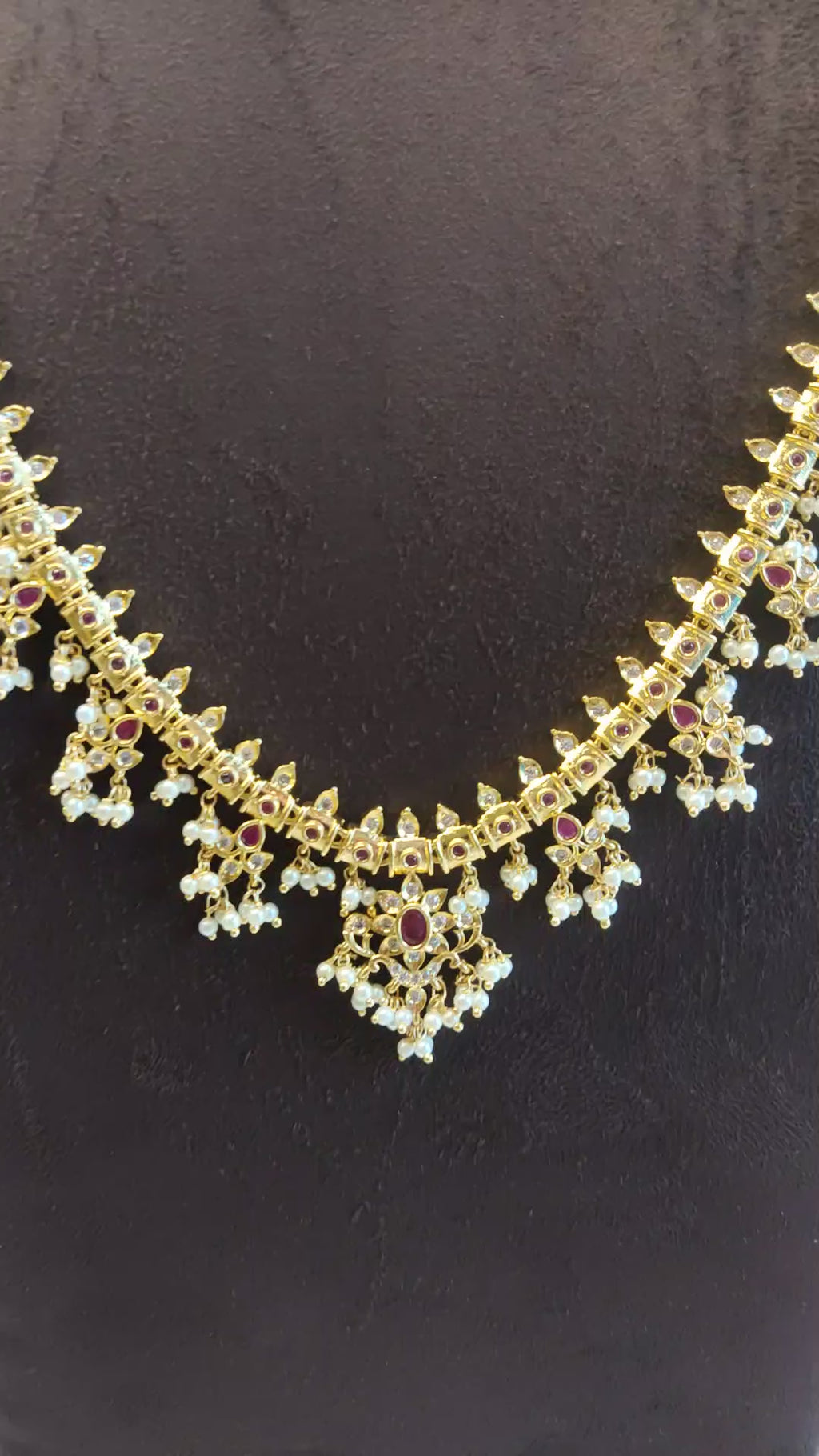 CZ Guttapusalu Necklace Set - 24K Gold Traditional South Indian Haram with Pearls