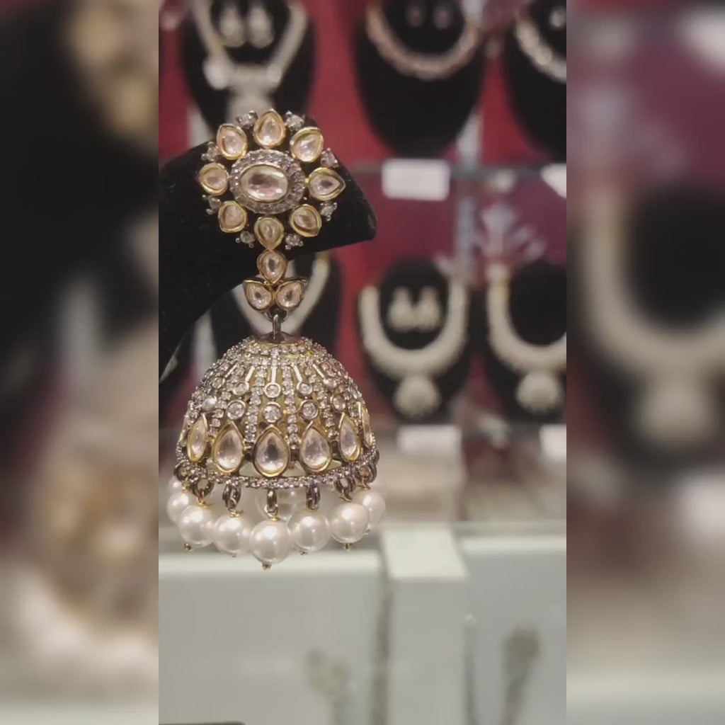 Moissanite Victorian Jhumka with Pearl Beads - Classic Kundan Wedding Earrings