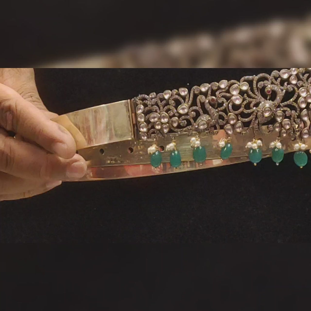 Victorian Diamond Vaddanam - Elegant Bridal Waist Belt with Emerald Beads