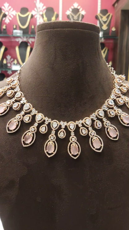 Asp Fashion Jewellery Trendy Pink Rose Gold American Diamonds Necklace Set