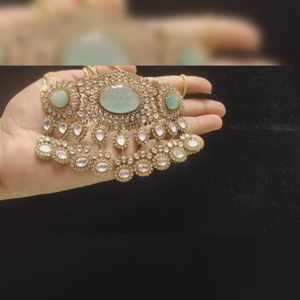 Turquoise & Kundan Victorian Choker Set - 3 Carved Stones Royal Design
