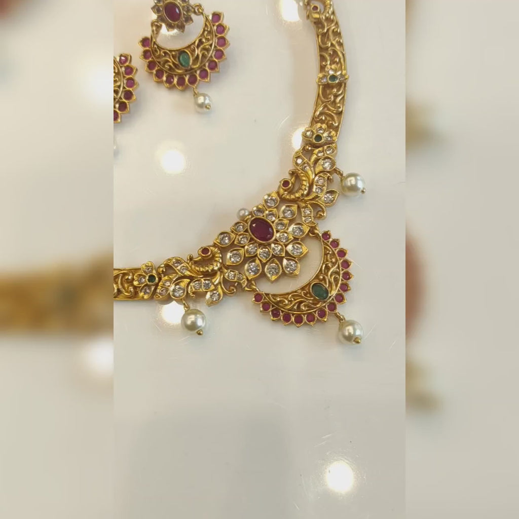 Matte Finish Kanti Necklace Set | CZ Peacock Design with Pearl Earrings