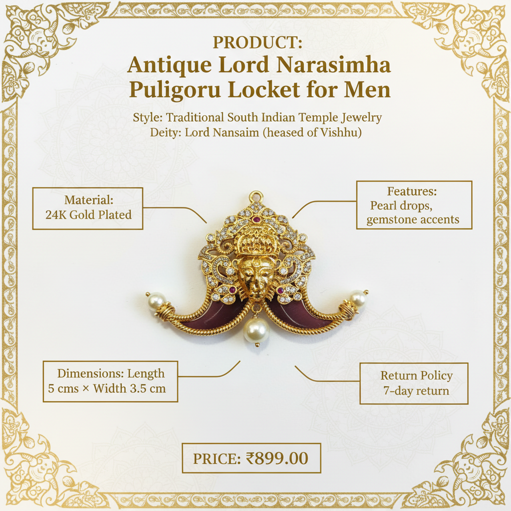 Product Specification Image - Antique Lord Narasimha Puligoru Locket