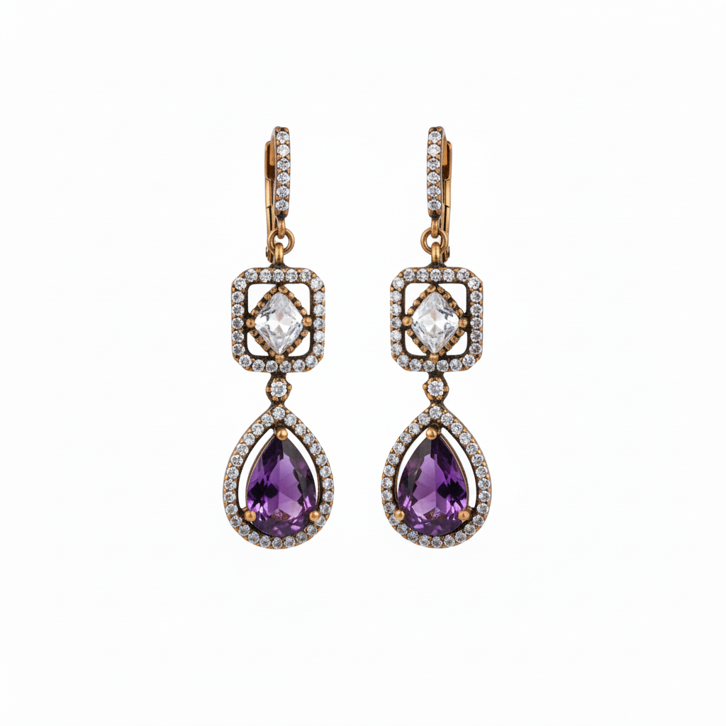Purple Amethyst CZ Halo Drop Earrings