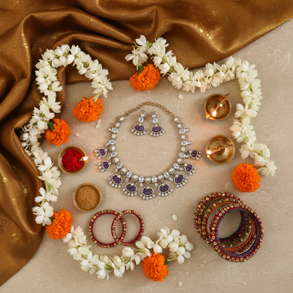 Purple gemstone jewelry flat lay with cultural elements