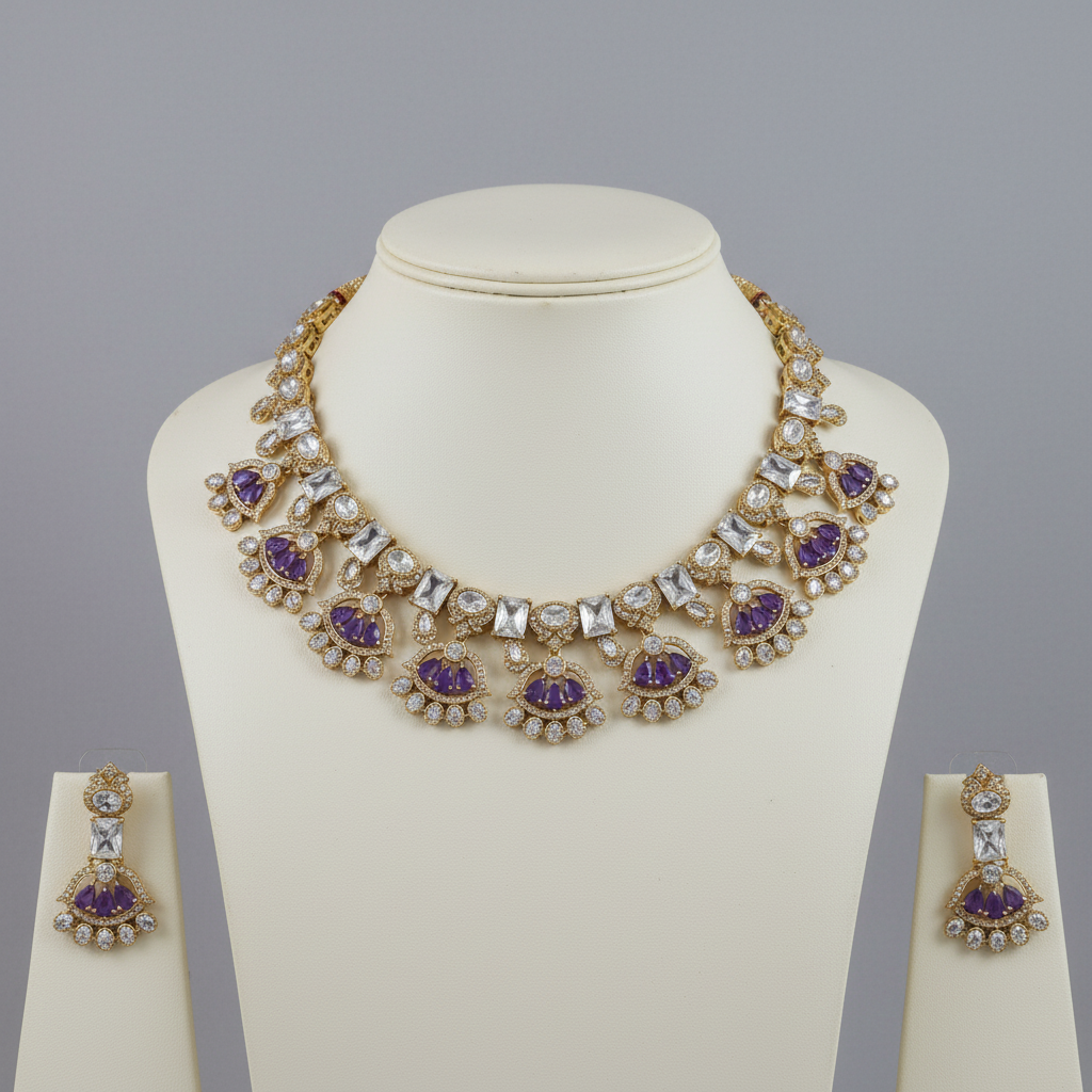 Purple gemstone jewelry set on mannequin display