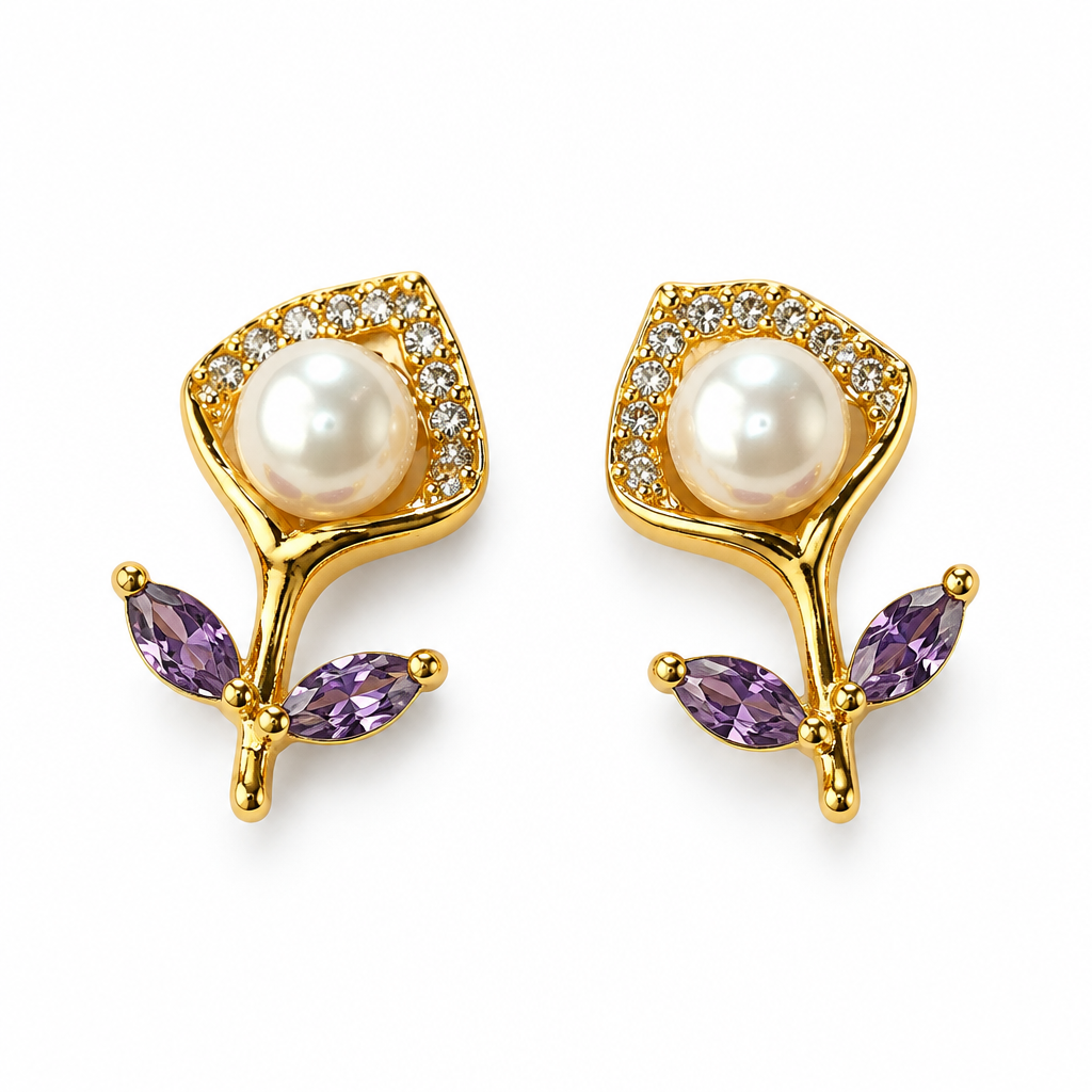 Purple pearl earrings on white background