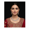Front-facing lifestyle photo - Model wearing rhodium CZ necklace set with pink stones