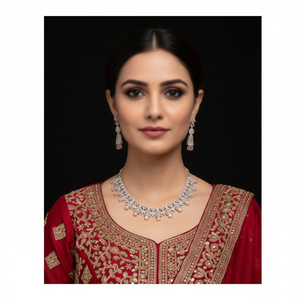 Front-facing lifestyle photo - Model wearing rhodium CZ necklace set with pink stones