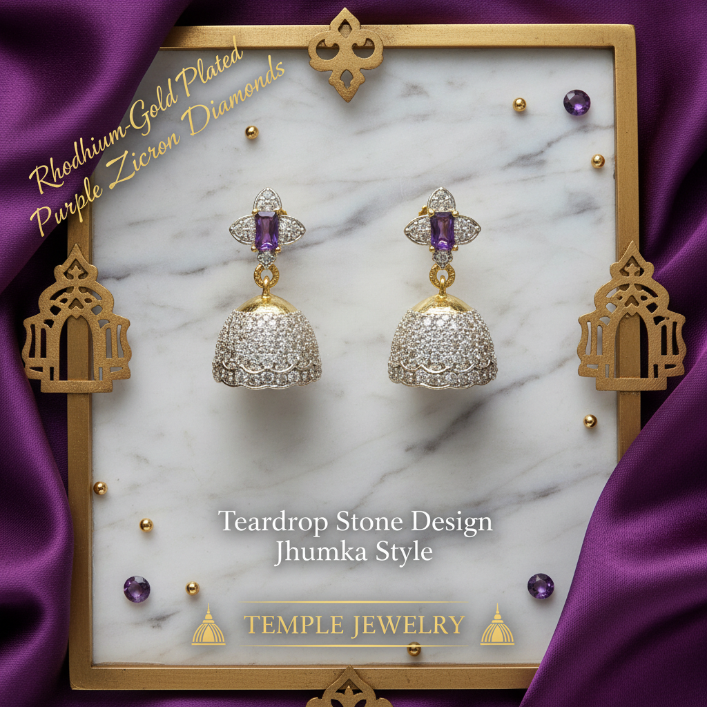 Rhodium-Gold Plated Purple Zircon Jhumka Earrings with Specifications